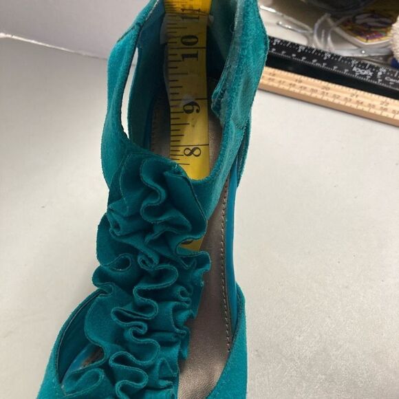 CATO Turquoise Ruffle Strap Hook & Loop Peep Toe Heels Size 7 - Picture 6 of 11
